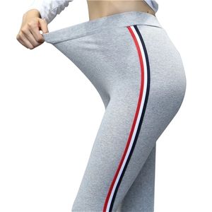 Quality Cotton Leggings Side Stripes Women Casual High-stretch Pants High Waist Fitness Female 210925