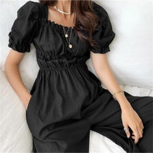 Sqaure Collar Manga Curta Sólida Jumpsuits Mulheres High Winest Hip Hip Largura Bodysuits Verão Casual OL Playsuits 210529