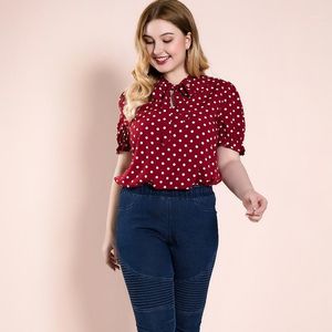 Kadınlar Bluzlar için 25 Ofis Kadın Yay Artı Boyutu Boy Gömlek Zarif Yaz Üst Yağ Giyim Kırmızı Polka Dots Vintage Kadın Gömlek