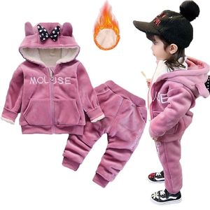 冬の厚い暖かい女の子の服セットぬいぐるみコットンスーツのための豪華なコットンスーツは厳しい冷たい幼児子供の服211021