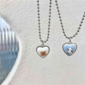 Korean Cute Bear Cows Sweater Heart Pendant Neck Beaded Chain Necklace Kawaii Collar For Women Girls Bff Couple Fashion Jewelry G1206