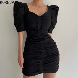 Korejpaa Women Dress Summer French Elegant Square Collar Slim Slimming Folds Wrap Hips Show Figure Puff Sleeve Vestidos 210526