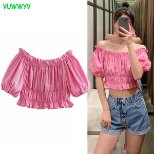 Pink Poplin Ruffle Crop Top Women Summer Fashion Off Shoulder Elastic Pleated Woman Blouses Short Puff Sleeve Tunic Tops 210430