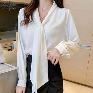 Yeni Uzun Kollu Ofis Bayan Stil V Yaka Wome's Gömlek Moda Kore Giysileri Yay Dantel Up Şifon Bluz Blusas Mujer 11276 210417