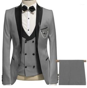 Elegancki Grey Men Suit Prom Tuxedo Slim Fit 3 Sztuka (Kurtka + Kamizelka + Spodnie) Gromadzki Ślubne Dla Custom Blazer1