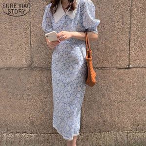 Vintage Chic Summer Women Dress Print Floral Polo Neck Bubble Sleeve High Waist Spring Casual Vestido 14149 210508