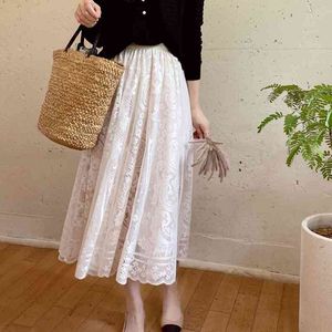 Autumn winter half-length skirt female lace hollow Elegant vintage midi large A-line high waist long s womens 210420