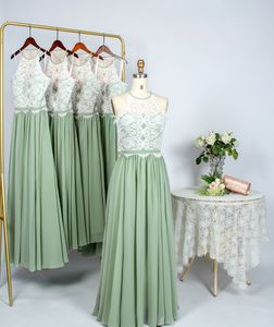 Sage Chiffon Lace Wedding Party Dress 2021 A Line Halter Neck Long Bridesmaid Dresses Beach Garden Honor of Maid Formal Event Sleeveless Floor Length Order-to-Made