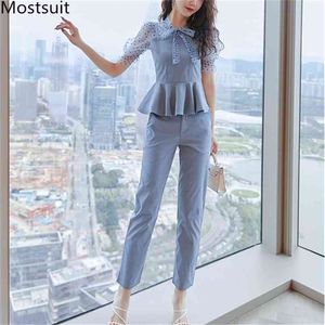 Summer Elegant Office Two Piece Sets Women Dot Printed Short Sleeve Tunic + Pants Suits Workwear Ol Style Ladies Set Femme 210513