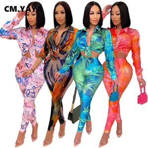 CM.YAYA Autumn Letter Leaf Print Women's Set Blouses Shirt Legging Pants Suit Active Wear Tracksuit Two Piece Fitness Outfit 211105