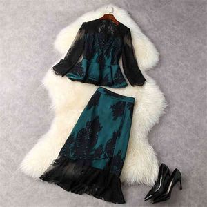 HIGH STREET Fashion Designer Runway Suit Set Camicetta da donna in pizzo Top Gonna a sirena set 210521