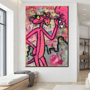 絵画落書きピンクパンサーキャンバス絵画カラフルなポスターとプリントストリートウォールアート写真のためのリビングルームの寝室の家の装飾