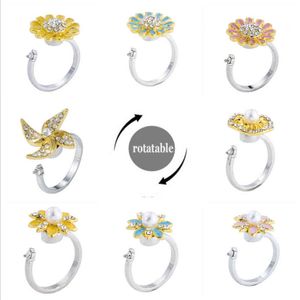 Spinner girar anel ansiedade para mulheres borboleta de pérola bonito diamante e margarida flor ajustável moda jóias g1125