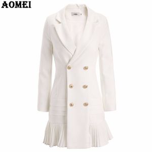 Moda Takım Elbise Kadın Blazer Workwear Beyaz Fırfır Ofis Bayanlar Uzun Blaser Giyim Güz Altın Düğme Bahar Kış İlk 210416