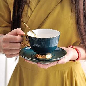 200ml / 230ml mörkgrön keramisk kaffekopp med skedfat Ben Kina Tea Cups Suite Skål Frukost Porslin Mjölk Mugg