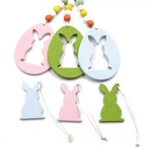 Easter party Wooden Hanging Pendant DIY Solid Color Egg Bunny Shaped Hanging Ornament Happy Home Decoration 6pcs/bag WJY591