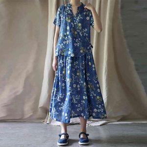 Johnature Chinese Style Summer Dress Loose Print Short Sleeve Mid-calf V-neck National Style Casual Linen Women Dress 210521