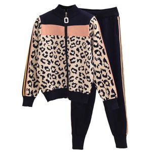 Moda Sexy Leopard Dzianiny Dwukierki Zestaw Kobiety Turtleneck Zipper Cardigans Płaszcz i Długość kostki Spodnie Garnitury Wysokiej jakości Y0625