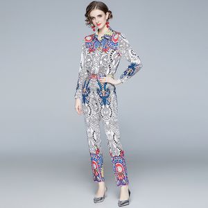 Moda Designer de Runway Terno Outono Mulheres Manga Longa Gire para baixo Colares Print Shirt Top + Ankle-Comprimento Pant Suit 2 Parte Set 210514