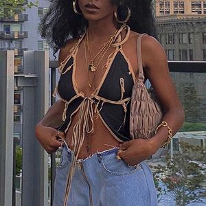 Y2k Mesh Low Cut Crop Tops Camisole Women Sexy Club Party Night Wear GoddPatchwork Design Pleated Tank Tops E Girl Aesthetic X0507