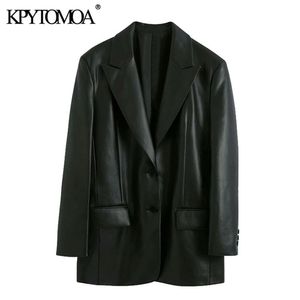 kpytomoaの女性のファッションフェイクレザールースブレザーコートヴィンテージ長袖ポケットバックベント女性のアウターシックトップ211104