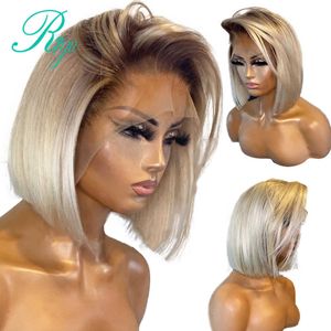 4T613 Honey Blonde Ombre 613 Kolor Koronkowy Zamknięcie Peruka Krótki Pixie Bob Cut Proste 13x4 Koronki Przód Ludzkich Włosów Peruki Dla Kobiet Remy S0826