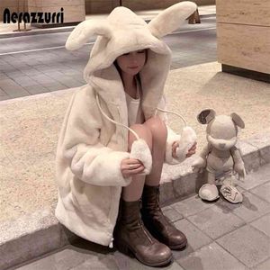 Nerazzurri Spring fluffy jacket with rabbit ears raglan sleeve zipper Oversize light soft harajuku kawaii faux fur hoodie 210817