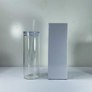 25oz sublimering rakt glas tumbler dryck med lock och plast halm termisk överföring kaffe rån värmeutskrift glas vattenflaska grossist A02