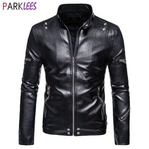 Standı Yaka PU Deri Ceket Erkekler Çok Fermuar Faux Deri Motosiklet Ceketler Mont Erkek Casual PU Ceket Chaqueta Moto Hombre 210522