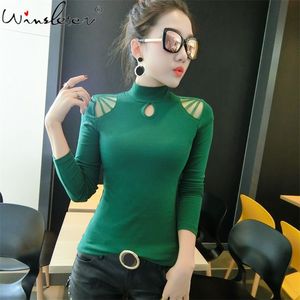 Wiosna Kobiety Slim T-shirt Zielony Czarny Purpurowy Brązowy Z Długim Rękawem T Koszulka Wytnij Projekt V-Neck Top T02608B 210421