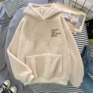 Höst Vinter Hooded Coat Kvinnor Söt Tyvärr Skriva Harajuku Loose Pocket Hoodies Ladies Fleece Flannel Pullover Kvinna Sweatshirt 210507