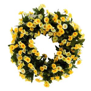 Artificial Yellow Daisy Spring Flower Wreath Green Leaves Wedding Front Door Q0812