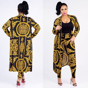 Women Fashion Two Piece Sets Long Sleeve Long Jacket Coat Top and Skinny Pants Gold Flower Printing African Women's Pant Suits Set TK1