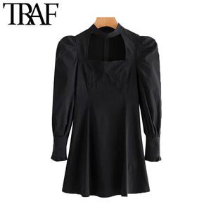 TRAF Women Chic Fashion Hollow Out Fitted Mini Dress Vintage High Neck Puff Sleeve Back Zipper Female Dresses Mujer 210415