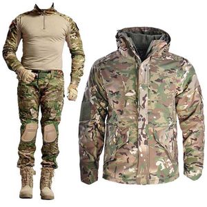Men Outdoor Tactical Jacket+Pants+Shirts with Pads Hunting Coat Hooded Combat Uniform Military Tactical Airsoft Paintball Suits X0909