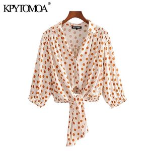Women Fashion With Bow Tied Polka Dot Cropped Blouses Elastic Hem Button-up Female Shirts Chic Tops 210420