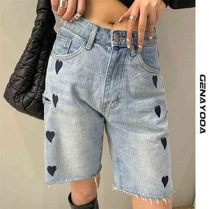 Genayoo Streetwear Denim Shorts Mulheres Imprimir Coração Chic Cintura Alta Cintura Calções Calças Jeans Feminino Verão Estilo Coreano Senhoras 210625