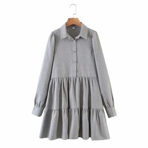 Casual Woman Gray Loose Cascading Ruffles Shirt Dress Spring Fashion Ladies Basic Mini Es Kvinna Elegant 210515