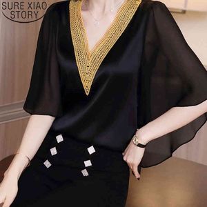 Mulheres Blusas Cetim Black Silk Shirt Feminino V-Pescoço Verão Bordado Elegante Camisas Blusas Laides Tops 9731 210417
