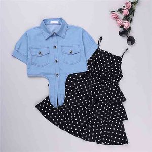 Spring &Summer Girls Clothing Set Sling Polka Dot Dress+Denim Short Sleeve Coat Top 2PCS Suit 210528