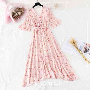 Boho Floral Print Summer Sukienka Lotus Rękaw V-Neck Midi Długa Szyfonowa Sukienka Kobiety Casual Elegancka Plaża Wakacje Suknie 210521