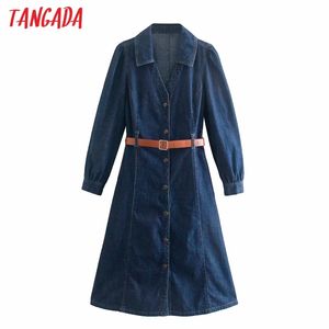 Fashion Women Blue Denim Shirt with Belt Long Sleeve Office Ladies Midi Dress 4M08 210416