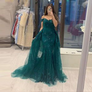 Elegant Arabic Hunter Off Shoulder Mermaid Evening Dresses With Detachable Train Lace Appliqued Long Celebrity Party Gowns Prom Dress For Women