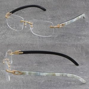 Hochwertige, innen weiße, schwarze Büffelhornfassung für Herren und Damen, optisch, Original-Holzbrille, 18-Karat-Goldrahmen, randlos, 8200757, Unisex-Brillengröße: 57–18–140 mm