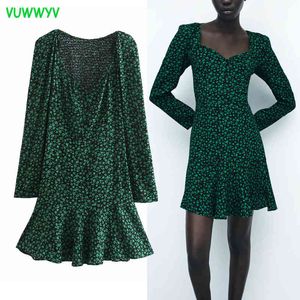 VUWWYV Green Floral Print Ruffle African Dress Women Elegant Evening Party Mini Woman Long Sleeve Elastic Short Vestido 210430