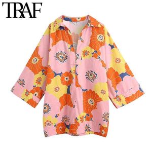 Kvinnor Fashion Oversized Floral Print Blusar Vintage V Neck Long Kimono Sleeve Kvinnliga Skjortor Blusas Chic Toppar 210507