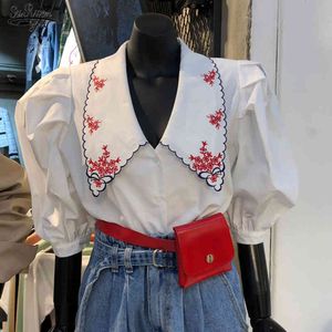 Bordado floral coreano giro para baixo colarinho blusa doce sopro meia manga mulheres camisa primavera verão blusa curto tops 14172 210521
