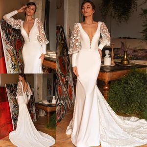 2021 Boho Mermaid Wedding Dresses Bridal Gown with Long Sleeves 3D Floral Applique Custom Made Plus Size Deep V Neck Covered Buttons Back Vestidos De Novia