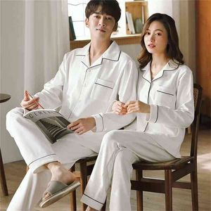 Autumn Cotton Couple Pajamas for Men And Women Sleepwear Bedroom Winter Homme Pyjama Clothes PJ White Pijamas Nightwear 210901