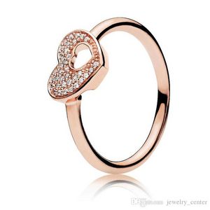 Äkta 18K Rose Gold Love Heart Wedding Rings Sätter Original Box för Pandora 925 Sterling Silver Shimmering Puzzle Heart Frame Ring
